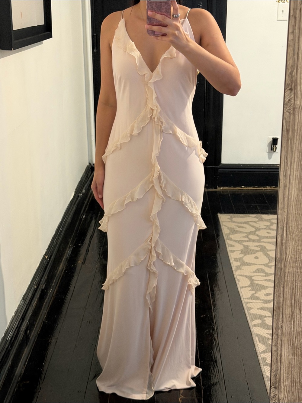 Aidan Mattox Cream Ruffle-Trim Maxi Dress